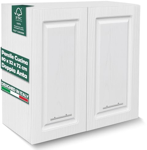 Shally Dogan Pensile da Cucina a Parete Design Boiserie, Armadio Sospeso in Legno con Doppia Anta, 1 Ripiano e 2 Scomparti, Armadietto a Muro Spazioso Resistente, 80 x 32 x 72H cm (Bianco Frassinato)