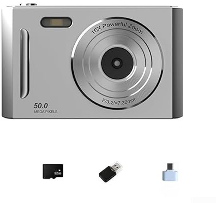 Zoegneer Appareil photo numérique 4K 64 MP rétro CCD avec zoom 8x et fonction webcam pour débutants, étudiants, voyage, vlogging, appareil de photographie portable d'entrée de gamme, blanc (argent, 32