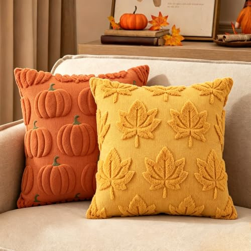 RxaGtn Herbst Kissen, 2er-Set Herbst Kissenbezüge 45x45 für Herbstdekot | Orange und Gelb Cushions mit Design für Thanksgiving und Halloween Deko, Terracotta Kissenbezug für Sofa und Bett