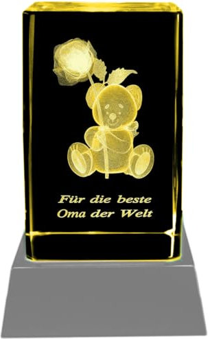 Kaltner Präsente Stimmungslicht – Ein ganz besonderes Geschenk: LED Kerze/Kristall Glasblock / 3D-Laser-Gravur/Teddy Rose/Für die beste Oma der Welt/Regenbogen Farben Beleuchtung
