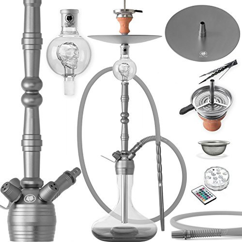 DILAW® MANYAK Shisha Set Hookah 93cm Aluminium Alu + LED Licht | Wasserpfeife Kaminkopf Komplettset Molassefänger Silikonschlauch Alumundstück Kaminaufsatz 18/8 Kopfschliff | Grau
