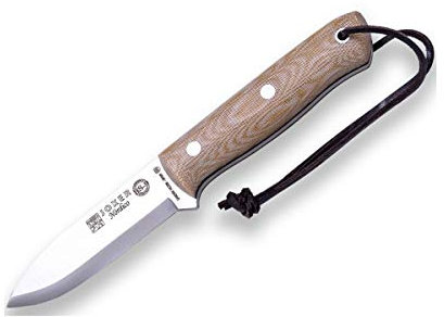 Joker Cuchillo de Supervivencia Nórdico CM119-P, hoja de 10 cm, mango micarta canvas marrón, con funda piel marrón + pedernal, Herramienta de pesca, caza, camping y senderismo