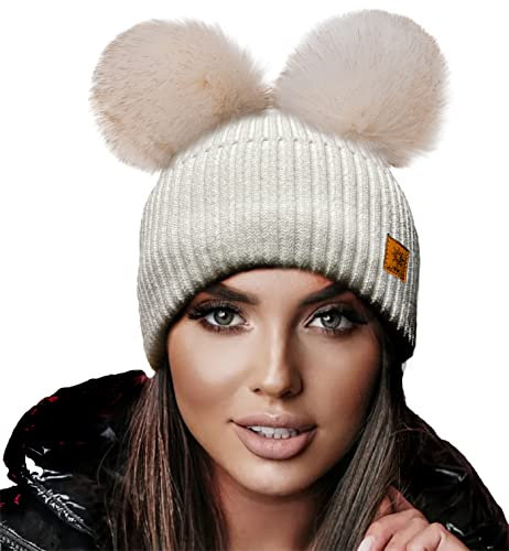 4sold Miki Farbe Damen Wintermütze Wolle Strickmütze Mit Doppelten Pom Pom Cap Ski Snowboard Bobble (Megi Ecru)