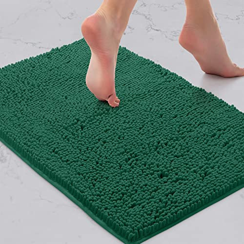 LuxUrux Bath Mat-Extra-Soft Plush Bath Shower Bathroom Rug, 1'' Chenille Microfiber Material, Super Absorbent Shaggy Bath Rug (Hunter Green, 42 x 60 cm)