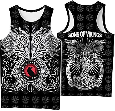 WDBAYXH Viking Odin Raven Thors Hammer Tattoo Trägershirt 3D-Druck Freizeitweste, Vintage Quick Dry Fitness Ärmellose T-Shirts, Sommer Punk Style Rock Hipster Männer Streetwear,Crow,5XL