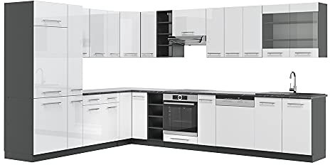 Vicco Cocina esquinera Fame-Line, Blanco Brillo/Antracita, 257 x 347 cm sin encimera