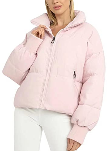 Gihuo Damen Winter Cropped Puffer Jacke Mantel Kurz Warm Steppjacke, Pink, S