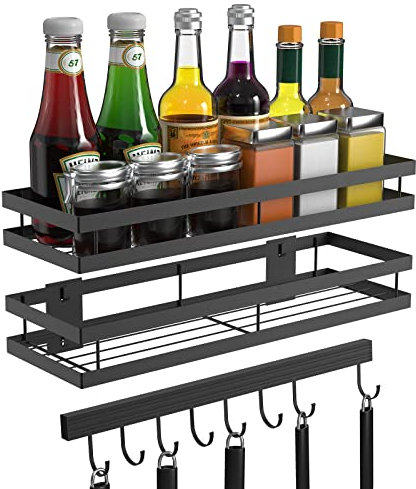 Porta Spezie Appendere 2 pezzi, portaspezie da parete mensola cucina, salvaspazio senza foratura, Portaspezie da Parete Salvaspazio, con 8 ganci staccabili, Set 2 pezzi mensola da Cucina, 41.5 cm