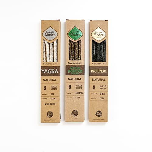 Sagrada Madre - Pack 3 Incienso 100% Natural Yagra Ruda Olíbano DURACIÓN Extra Abundancia Prosperidad Atraer Dinero Limpieza Energética Purificación