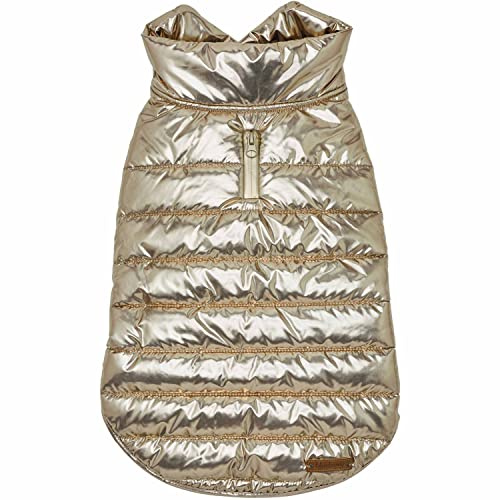 Blueberry Pet Cozy & Comfy Windproof Lightweight Quilted Fall Winter Glossy Dog Puffer Jacket in Gold, Back Length 14, Size 12, Warm Coat for Small Dogs