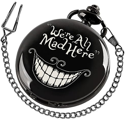 Tiong Alice im Wunderland Vintage Schwarz Glatt Stahl Gravierte Muster Quarz Taschenuhr mit Kette Geburtstag Halloween