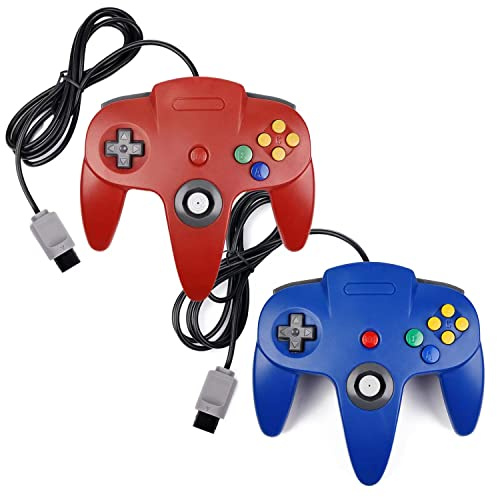 2 Pack N64 Controller, Classic Retro Wired N64 64 Bit Gamepad Joystick for Ultra 64 Video Game Console N64 System (Blue+Red
