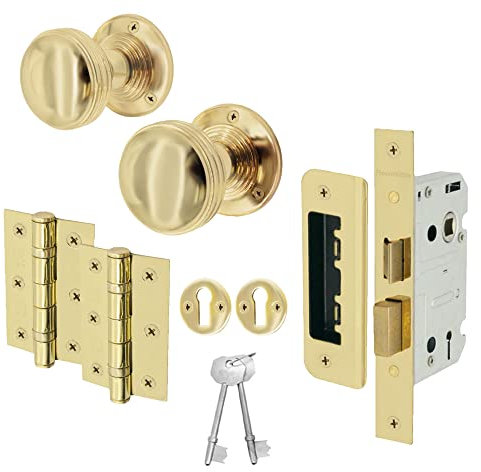 EAI Lined Key Lock Door Knob Set Polished Brass | 1 Pair of Mortice Knobs (55mm), Sash Lock (80mm) & Hinges (76mm) for Internal Doors