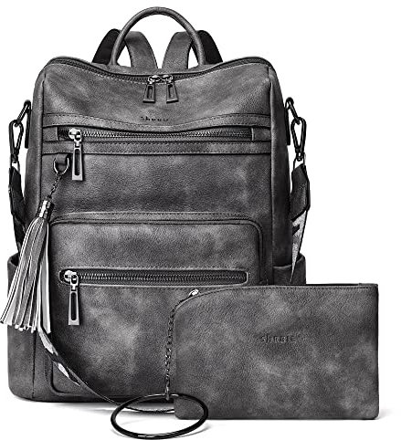 Shrrie Rucksack Damen,Cityrucksack Reiserucksack,PU Lederrucksack Handtasche Rucksack Damen Wasserdicht mit Geldbörse für Freizeit,Büro,Pendeln,Arbeit,Daypack-Zweifarbiges Dunkelgrau