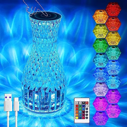 LED Tischlampe aus Kristall, 16 Farben 4 Modi Acryl Rose Diamant Lampen mit Touch und Fernbedienung, USB Aufladung Dimmbare LED Nachttischlampe für Schlafzimmer Wohnzimmer Party Geschenk (Vase)