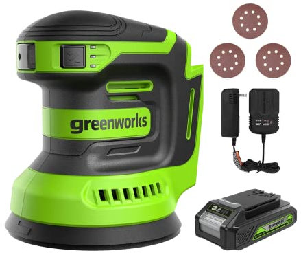 Greenworks 24V Orbital Sander Kit, 5 Random Sander Variable Speed, 2Ah Battery and Charger Included