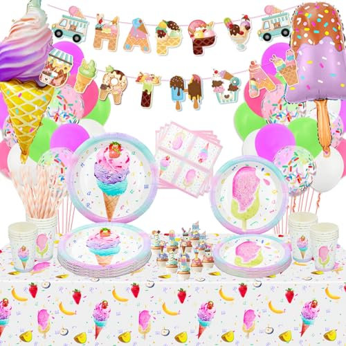 Hegbolke Eiscreme-Geburtstagsparty-Dekorationen – einschließlich Teller, Tassen, Servietten, Tischdecke, Luftballons, Banner für Mädchen-Kits, Creme-Eis am Stiel, Themenparty – für 20 Personen