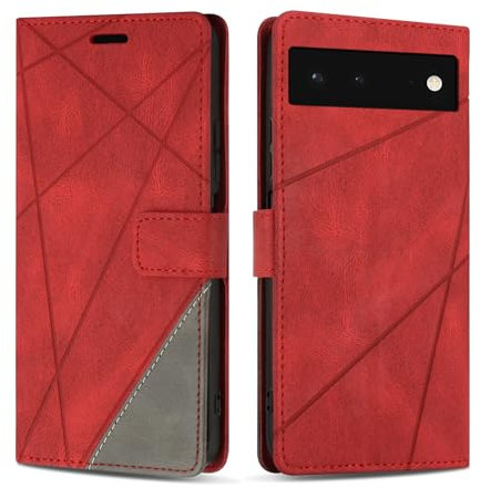 SONWO Hülle für Google Pixel 6 Hülle, Premium PU Leder Handyhülle Wallet Silikon Schutzhülle Klapphülle für Google Pixel 6, Rot
