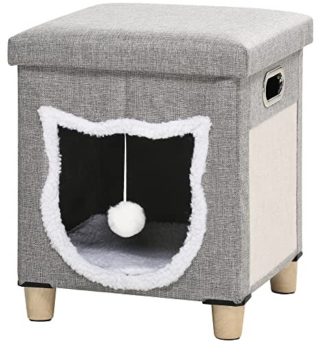 PawHut Cat House Cave, Cat Bed Cube with Scratching Pad, Soft Detachable & Washable Cushion, Toy Ball, for Indoor Kittens, Grey