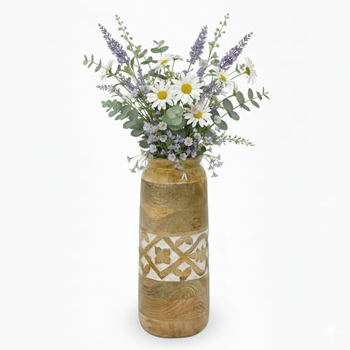 Mollem Große Holzvase (weiß gekalkt, 30.5x10.2x9.1 cm),Mangoholz große dekorative Vase für Wohnzimmer, Schlafzimmer, Couchtisch & mehr,handgefertigte Blumenvase,elegante & schöne Heimdekorationen