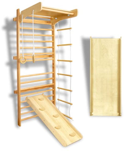 Froadp Structure D'escalade Indoor Mur D'escalade Equipement Sportif en Bois Espalier pour Adultes et Enfants Matériel de Gymnastique avec Triangles Supérieur Anneaux de Gymnastique Échelles Toboggans