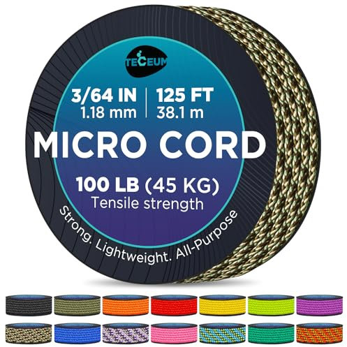 MICRO PARACORDE : 1,18 mm d'épaisseur Couleur : camouflage Longueur : 38,1 m Résistance à la traction : 45,35 kg (100 lbs) Fine, légère et résistante. Livré sur une bobine compacte et pratique (77,98