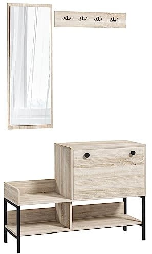 HOMCOM Ensemble 3 en 1 Meuble d'entrée vestiaire Design Contemporain Meuble Chaussures, Miroir et Panneau Porte-Manteau Acier Noir