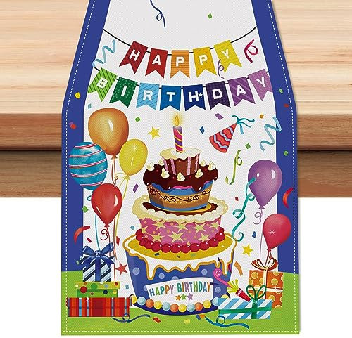 Bonhause Tischläufer Happy Birthday Tischläufer Kuchen Geburtstag Bunt Küche Esstisch Dekoration für Drinnen Draußen Urlaub Party Geburtstag Party Waschbar Wohnkultur Tafeltuch (33 x 183 cm)