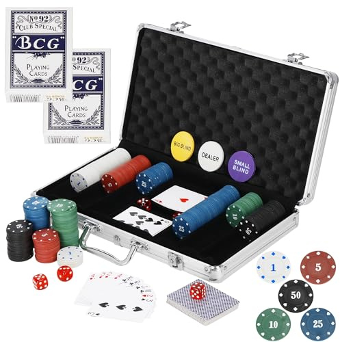 SPRINGOS Pokerset 300 Chips 2 Kartenspiele 5 Würfel inkl. Koffer