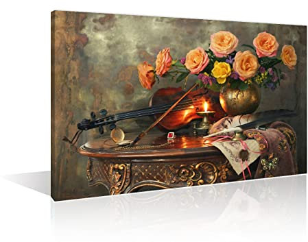 TISHIRON Wanddekoration, Vintage-Vase, Leinwand-Kunst, Blumen und Violine, modernes Kunstwerk für Büro, rustikaler Kunstdruck auf Leinwand, Wanddekorationen, gerahmt, fertig zum Aufhängen, für