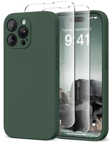 SuydanBox Silikon-Schutzhülle für iPhone 15 Pro, kompatibel mit MagSafe, Kameraschutz, Displayschutzfolie, schlanke, stoßfeste Schutzhülle, weiches kratzfestes Mikrofaserfutter, Alpingrün