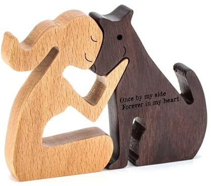 Holzfiguren,Familie Welpe Holz Schnitzerei Ornamente,Katzen Deko,Natürliches Massivholz Niedlich Welpen,Pferd,Kätzchen und Menschen Statue Skulptur,Hand Geschnitzte Home Decor (Mädchen und Hund)