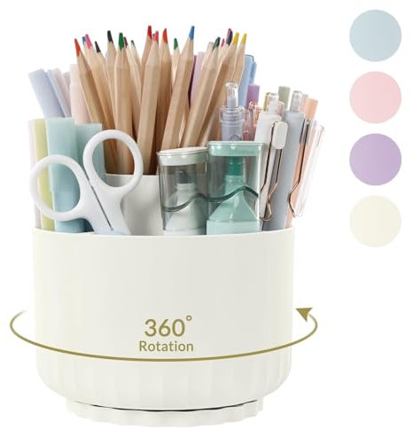 SKYDUE Schreibtisch Organizer, 360 Grad Stiftehalter Drehbar, Stifte Organizer Mit 5 Fächern, Stiftehalter Schreibtisch Für Büro, Schule, Zuhause(Cremeweiß)