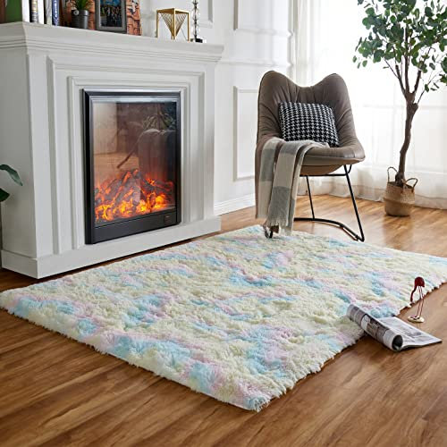 Obundi Flauschige Teppich,Rechteck Tochflor Teppich,Plüsch Weicher Waschbarer Teppiche,Wohnzimmer Kinderzimmer Teppiche (Regenbogen,90x160cm)