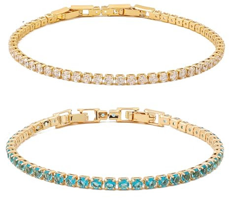Zoomers Tennis Armband Damen Gold Set. Tennisarmband Gold mit Zirkonia 18K Vergoldet. Tennis Bracelet Verstellbarer Länge 17-19CM. 2PC Armband Set. Schmuck Gold. Aquablau