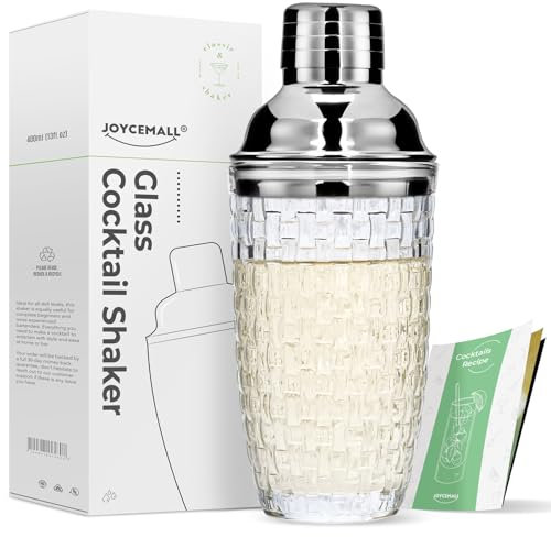 Glas Cocktailshaker, JOYCEMALL 385ML Klarglas Silber Cocktail Shaker Mixer Set mit Edelstahl Lecksicher Messbecher-Deckel & Sieb & Geschenkbox für Zuhause Bar Wein Gemischte Fruchtsäfte Getränke