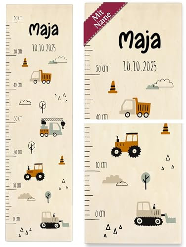 Messlatte Kinder - Bagger - Baustellenfahrzeuge Kindermesslatte Kipper Kran Traktor Raupe - 0-60 cm - Holz - messlatten für baby- & kleinkinderzimmer baby baustelle