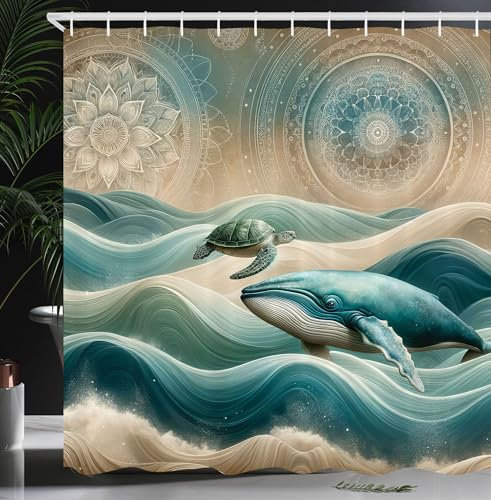 ABAKUHAUS Nautisch Duschvorhang, Traumhafte Wellen mit Wal und Meeresschildkröte auf Bohemian Mandala Marine Ornamenten, Stoffliches Gewebe mit Haken, 175 x 180 cm, Tan Dunkles Lachs