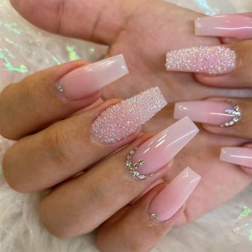 Danshinbow Lot de 24 faux ongles longs en forme de cercueil ballerine avec strass dégradés nude à paillettes pour femmes et filles