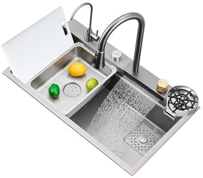 Wasserfall-Küchenspüle, 304 Edelstahl Unterbau-Küchenspüle, Tischplatte Kontrollen, 3-Loch mit ausziehbarem Wasserhahn, Multifunktions-Spüle Workstation (S : 68 * 45 * 22cm)