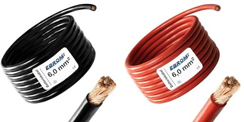 EBROM - 2 Meter Batteriekabel - rot und schwarz - Pluskabel und Massekabel - 6mm2 | 6 mm² | 6 mm2 - Vollkupfer 99,9% OFC Kupfer Stromkabel - Ihre Länge: je 2 Meter
