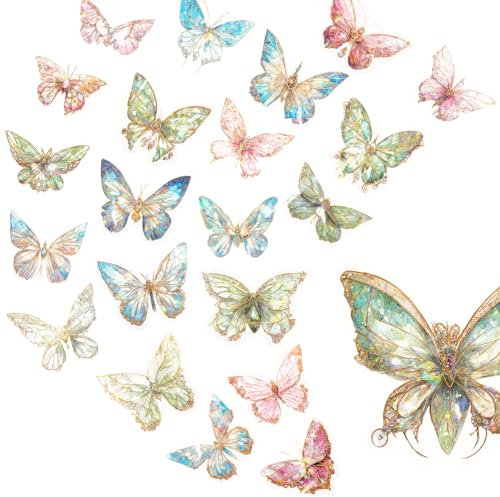 80 Stück Schmetterlings Holografische Aufkleber Glitzer Sticker mit 4 Themen Transparent Wasserfester 3D Sticker Schmetterlings Aufkleber Set Ideal für Scrapbooking-Zubehör Notizbücher