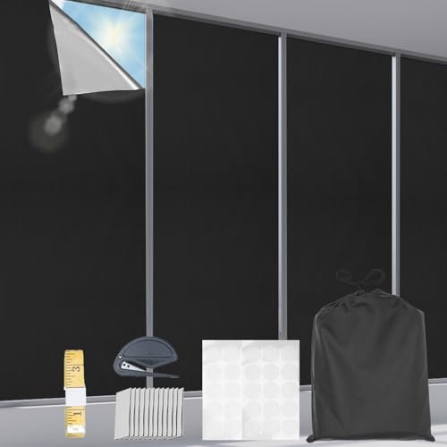 aleawol Portable Blackout Blinds Removable 400 X 150cm 100% Blackout Material, Cut to Any Size blackout blinds no drilling with 12 Stick On Velcro and 60ps Patch for Bedroom Nursery Loft Travel RV Car