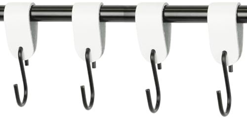 Handles and More - 4 x S Haken für Kleiderstangen - Weiß - Größe S - für max. Durchmesser 30mm - Kleiderhaken mit Lederschlaufe - Garderobenhaken aus echtem Leder - Fleischerhaken für Garderobe
