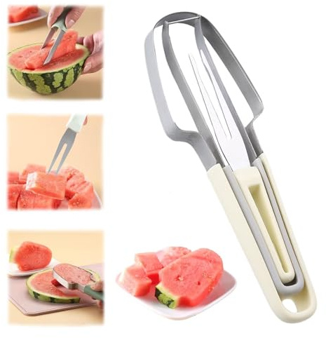 SENIURIS Fourchette à pastèque et trancheuse 3 en 1 en acier inoxydable pour pastèque, fruits, sucettes, gadgets de cuisine de camping (beige)