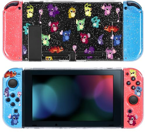 DLseego Housse de Protection pour Switch,Clear Glitter Dockable Hard Coque Switch Lovely Cartoon Protector Shell with 2 Soft Joycon Cover and 2 Capuchon Joystick Switch,Monstres colorés