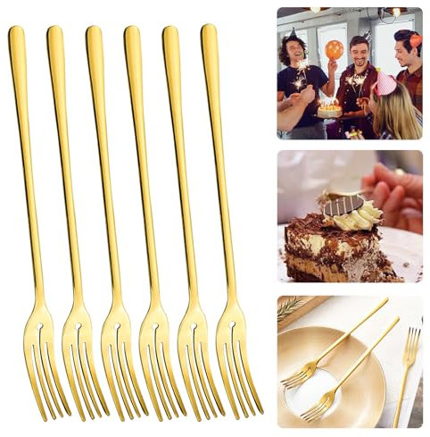 Cake Forks Dessert Small Fruit Dinner Stainless Steel Metal Cutlery Table Fork Set Pack of 6, Gold