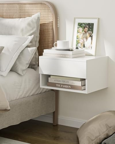 HEYZOEY Floating Bedside Table, Bedside Table Small Modern Nightstand with Drawer, Floating Shelves for Bedroom, Bathroom, White
