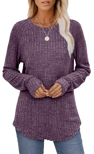 Aokosor Ladies Jumpers for Women UK Long Sleeve Tops with Thumbholes Ladies Tunic for Leggings Lightweight Curved Hem Size 14-16 Purple