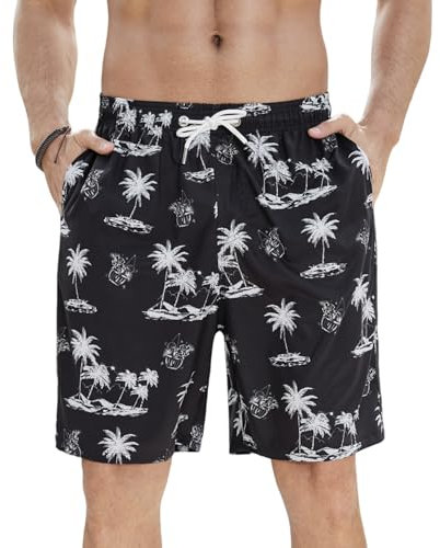 Enlision Maillot de Bain Homme Piscine Séchage Rapide Short de Bain Homme Plage Été Léger Décontracté Noir Hawaïen Palmier Imprimé Surf Natation Vacances Bermuda avec Doublure en Maille XL
